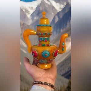 Handmade Tibetan Ritual Holy Water Offering Copal Resin Pot Inlay Stones 7”inch